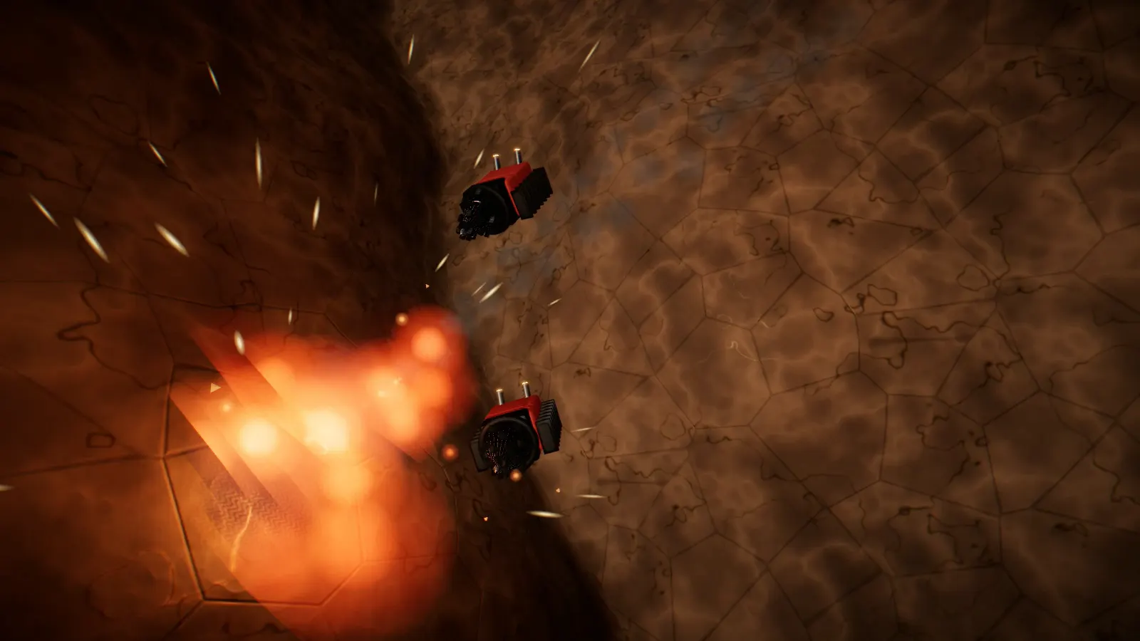 A robot explodes in an ore hall of The Intake