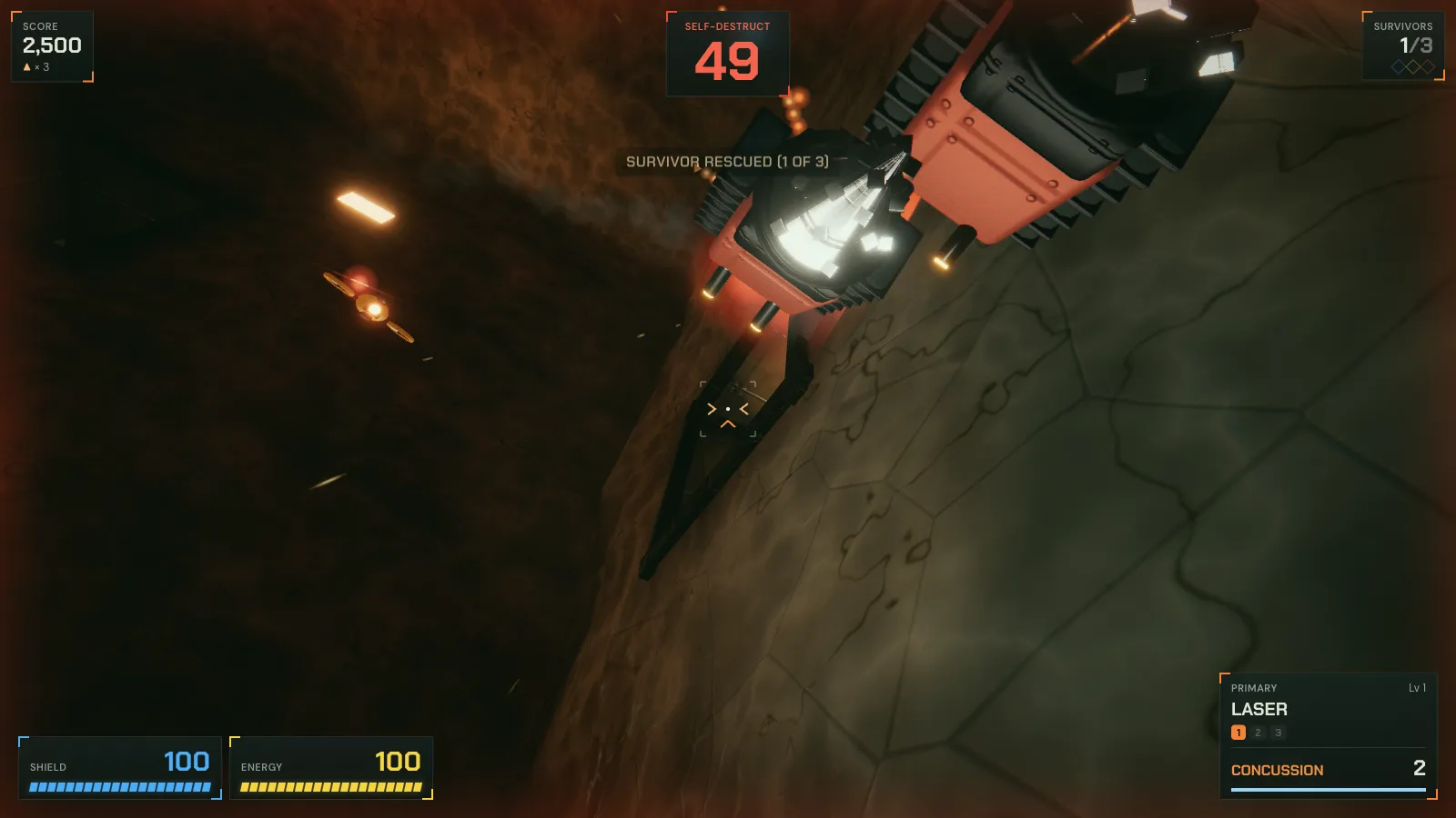 The game HUD during an escape: a self-destruct countdown of 49 seconds, a survivor rescued and a robot close ahead