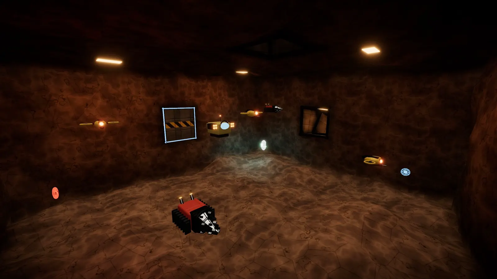 An empty ore hall in The Intake with robots in the distance